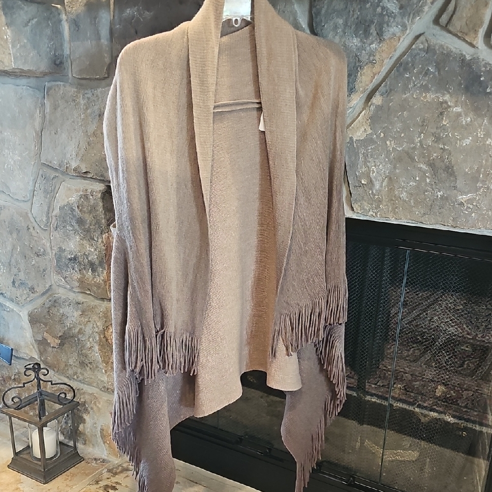 Fringe Open-Front Shawl Cardigan - Taupe